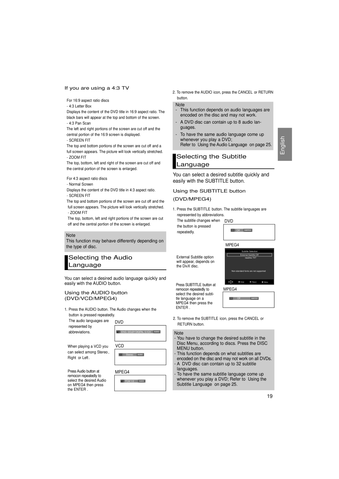 Samsung DVD-P375/XSG, DVD-P375/AFR Selecting the Subtitle Language, Selecting the Audio Language, If you are using a 43 TV 