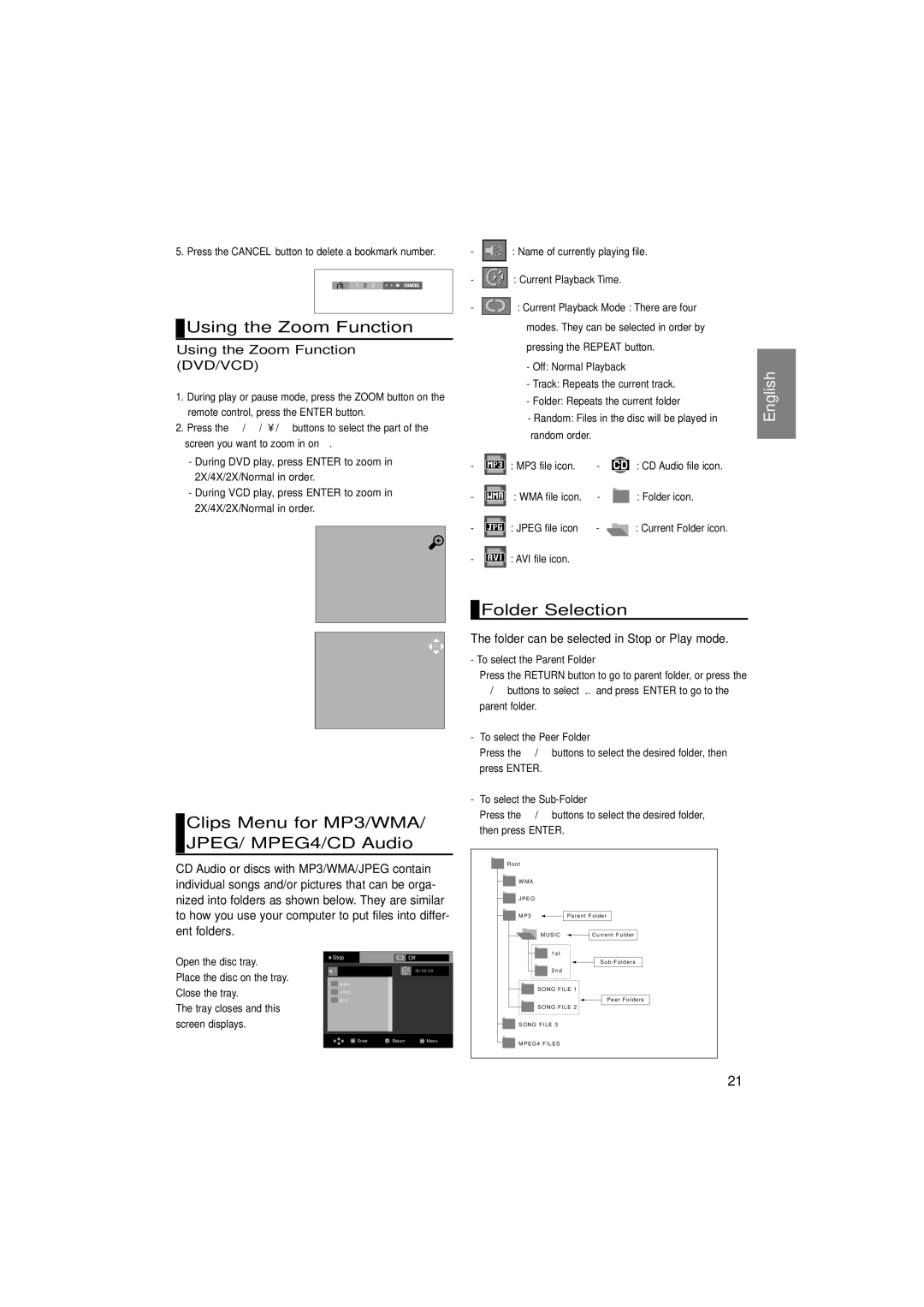 Samsung DVD-P375/AFR, DVD-P375/XSG Using the Zoom Function, Clips Menu for MP3/WMA/ JPEG/ MPEG4/CD Audio, Folder Selection 