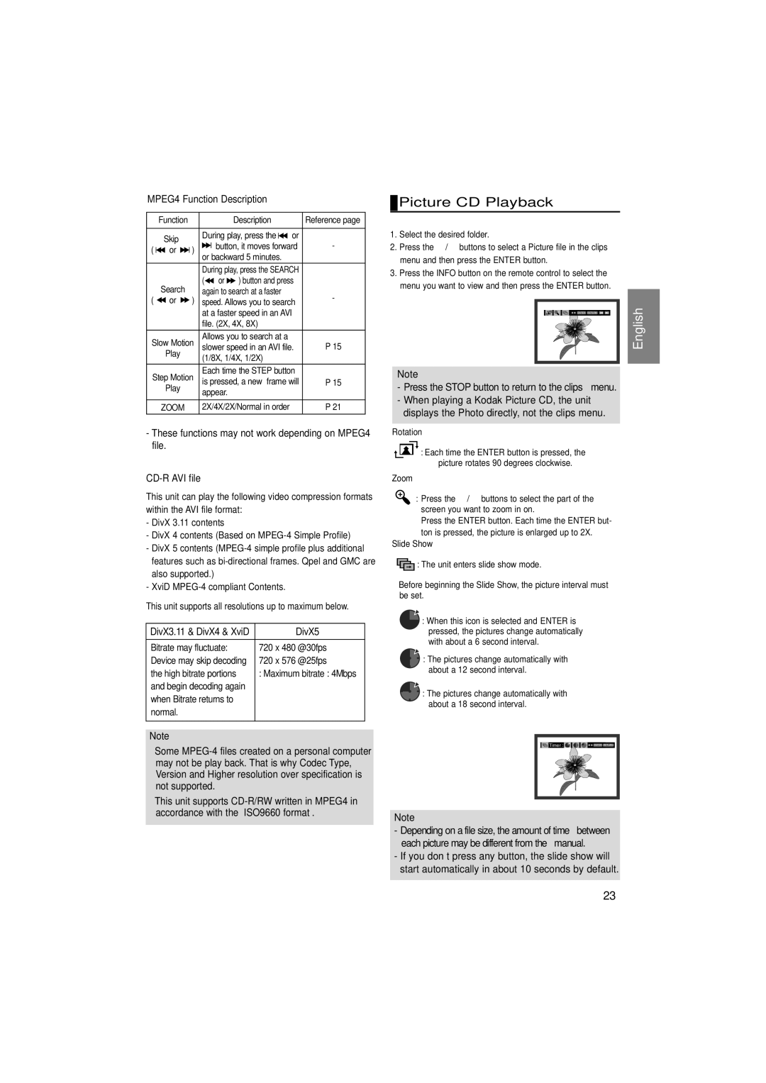 Samsung DVD-P375/UMG, DVD-P375/AFR, DVD-P375/XSG manual Picture CD Playback, MPEG4 Function Description, CD-R AVI file 