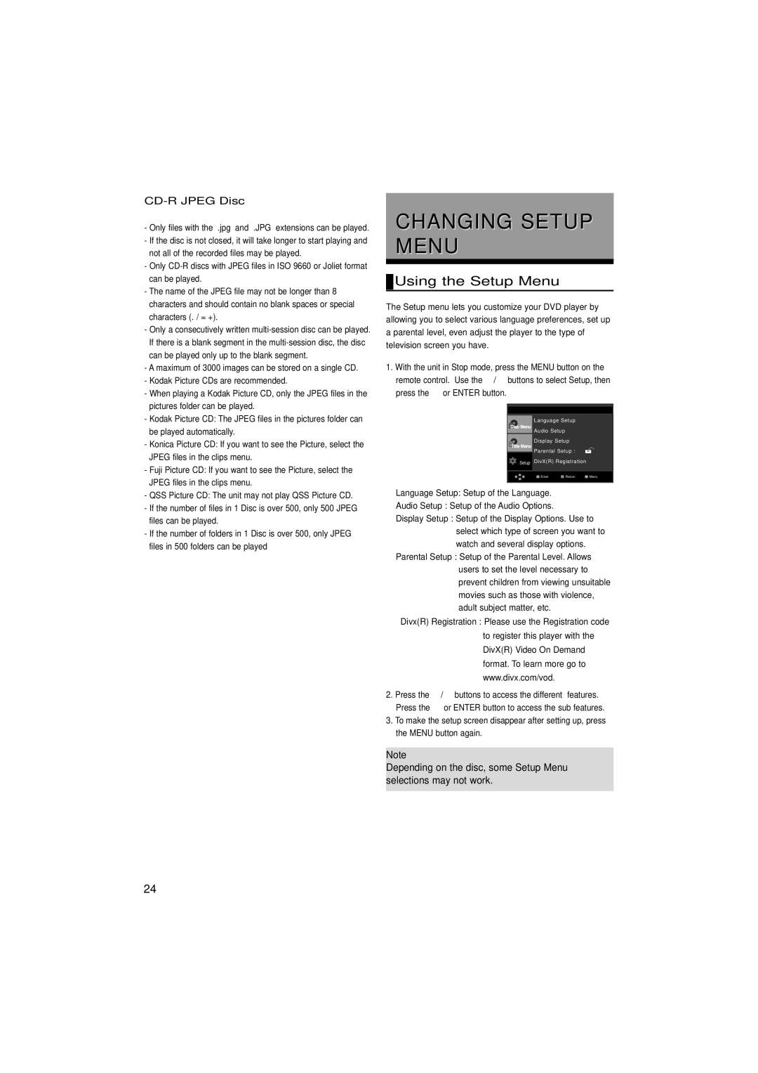 Samsung DVD-P375/AFR, DVD-P375/XSG, DVD-P375/UMG manual Changing Setup Menu, Using the Setup Menu, CD-R Jpeg Disc 