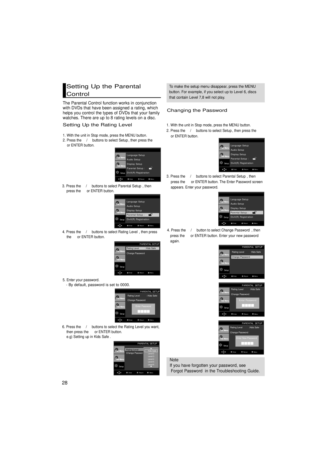 Samsung DVD-P375/XSG, DVD-P375/AFR Setting Up the Parental Control, Setting Up the Rating Level, Changing the Password 