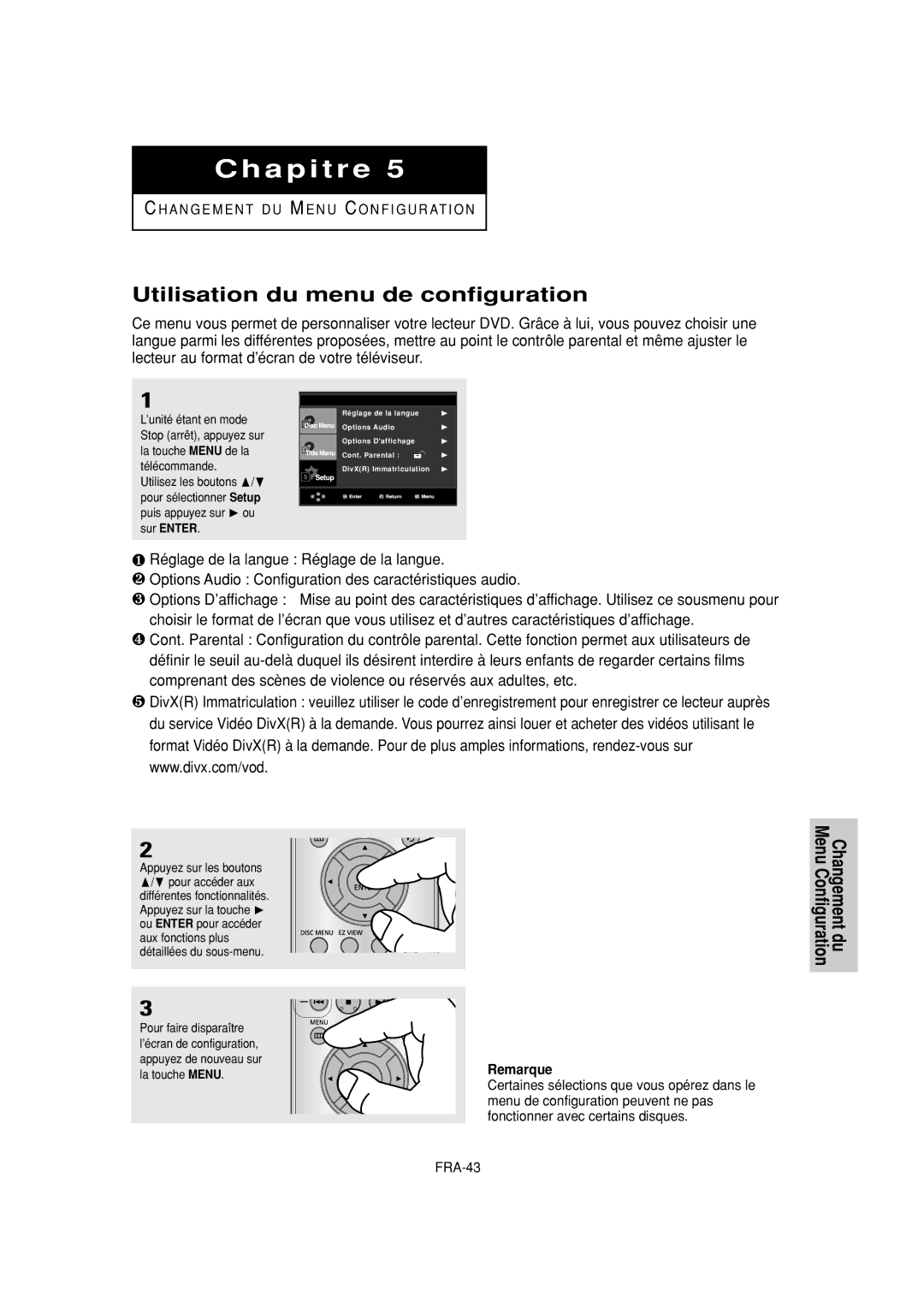 Samsung DVD-P380 manual Utilisation du menu de configuration, Changement du Menu Configuration, FRA-43 