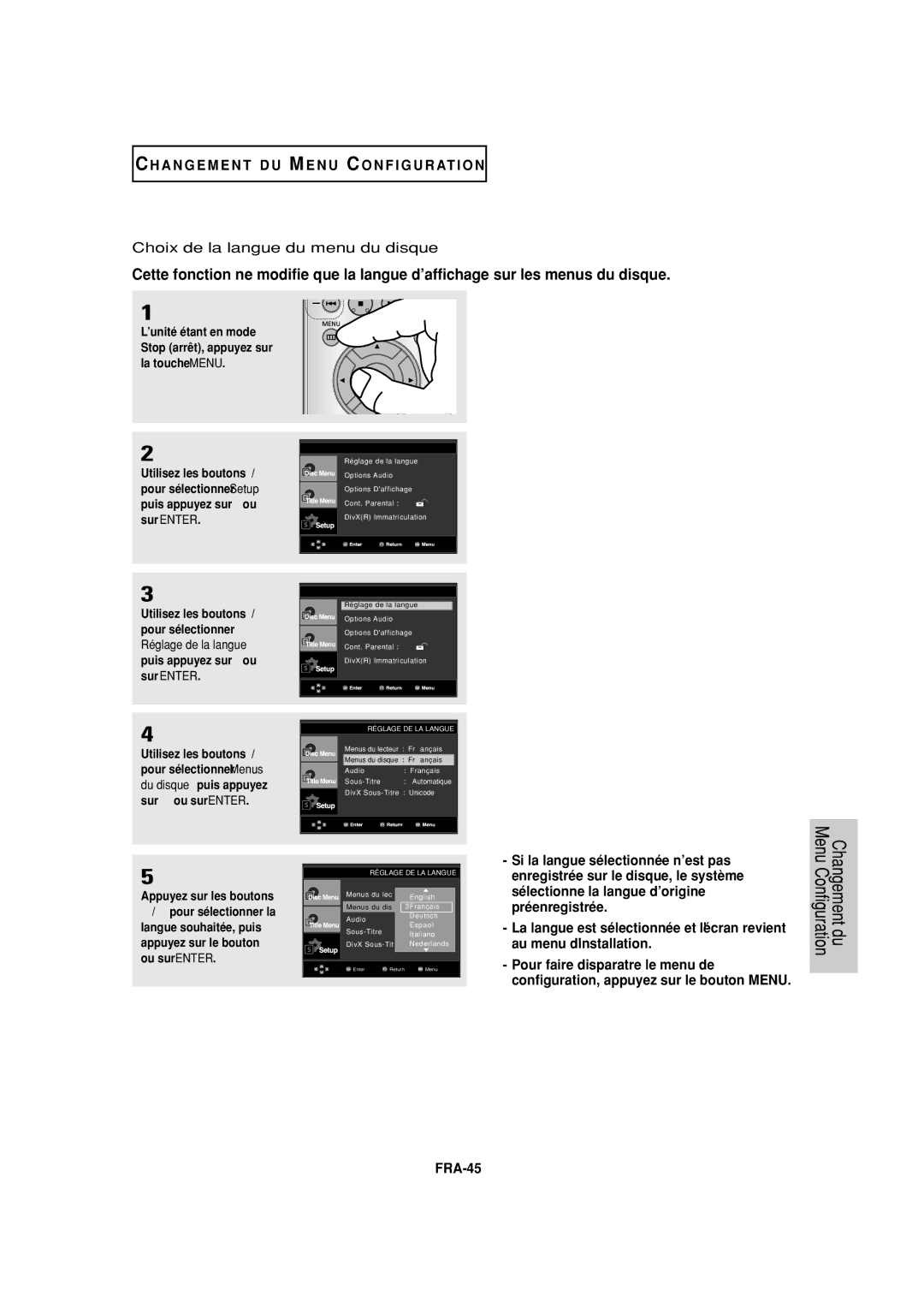 Samsung DVD-P380 manual Choix de la langue du menu du disque, FRA-45, Utilisez les boutons / pour sélectionner 