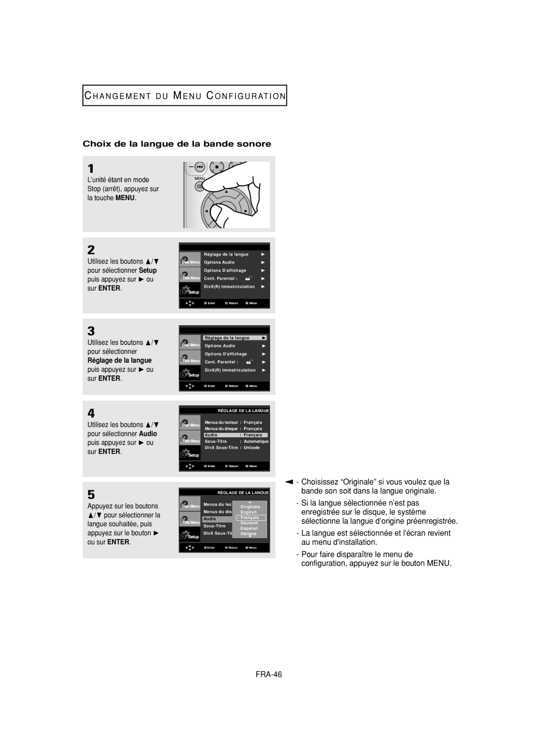 Samsung DVD-P380 manual Choix de la langue de la bande sonore, FRA-46 