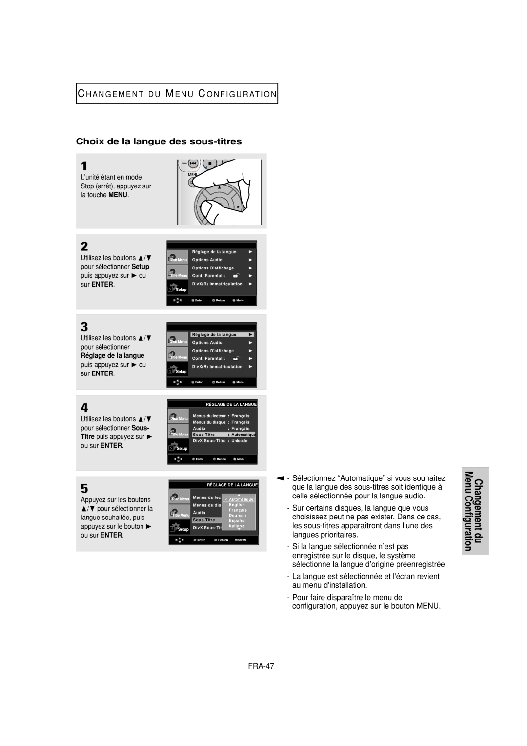 Samsung DVD-P380 manual Choix de la langue des sous-titres 