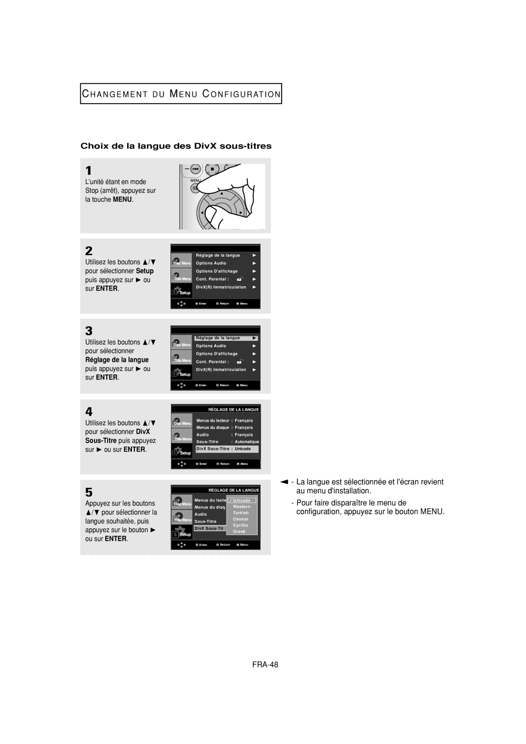 Samsung DVD-P380 manual Choix de la langue des DivX sous-titres, FRA-48 