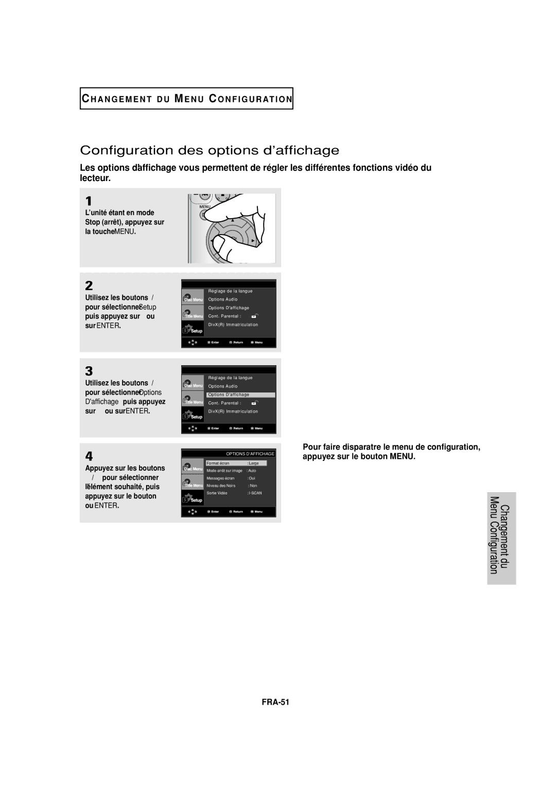 Samsung DVD-P380 manual FRA-51, Configuration des options d’affichage 