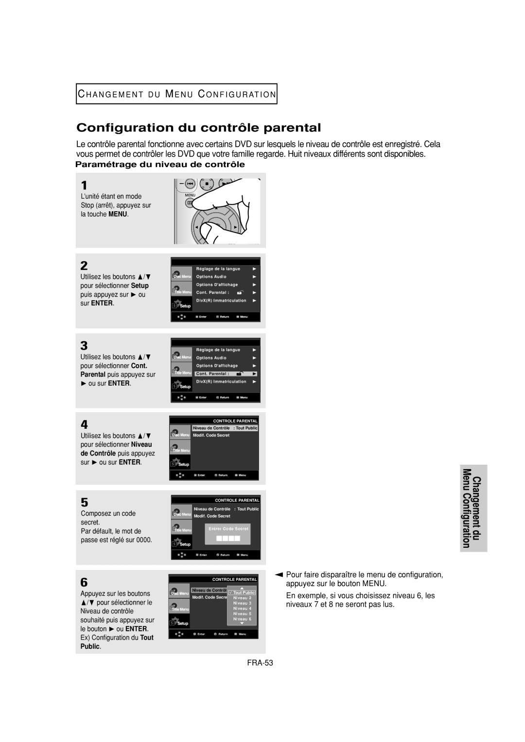 Samsung DVD-P380 Configuration du contrôle parental, Paramétrage du niveau de contrôle, FRA-53, Composez un code secret 