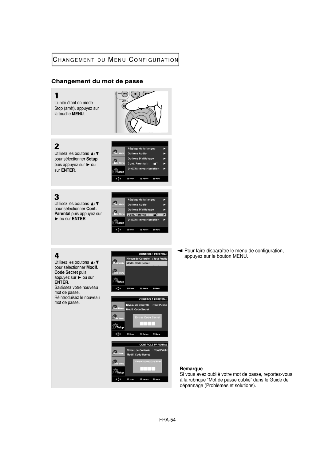 Samsung DVD-P380 manual Changement du mot de passe, FRA-54 