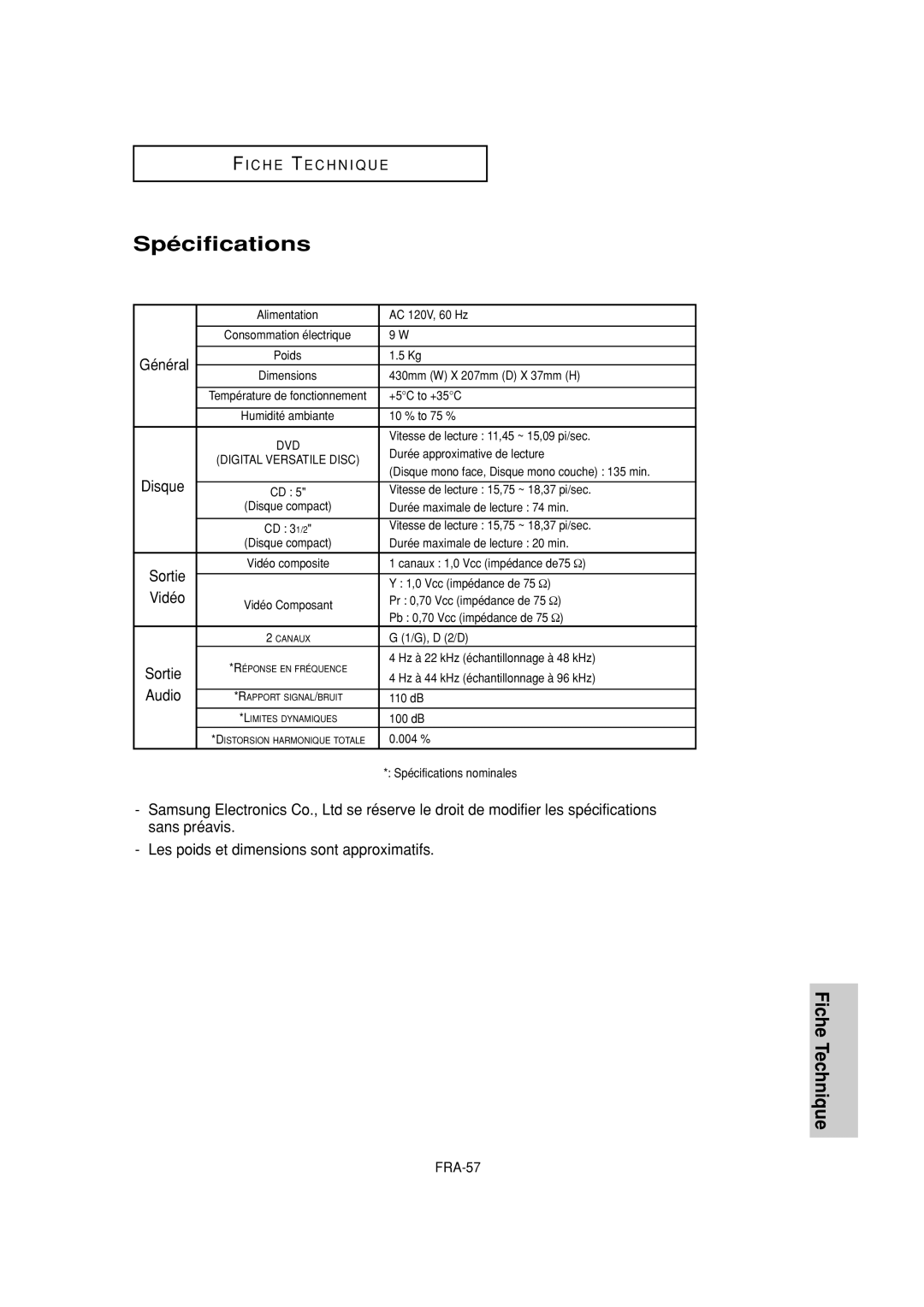 Samsung DVD-P380 manual Spécifications, Audio, FRA-57 