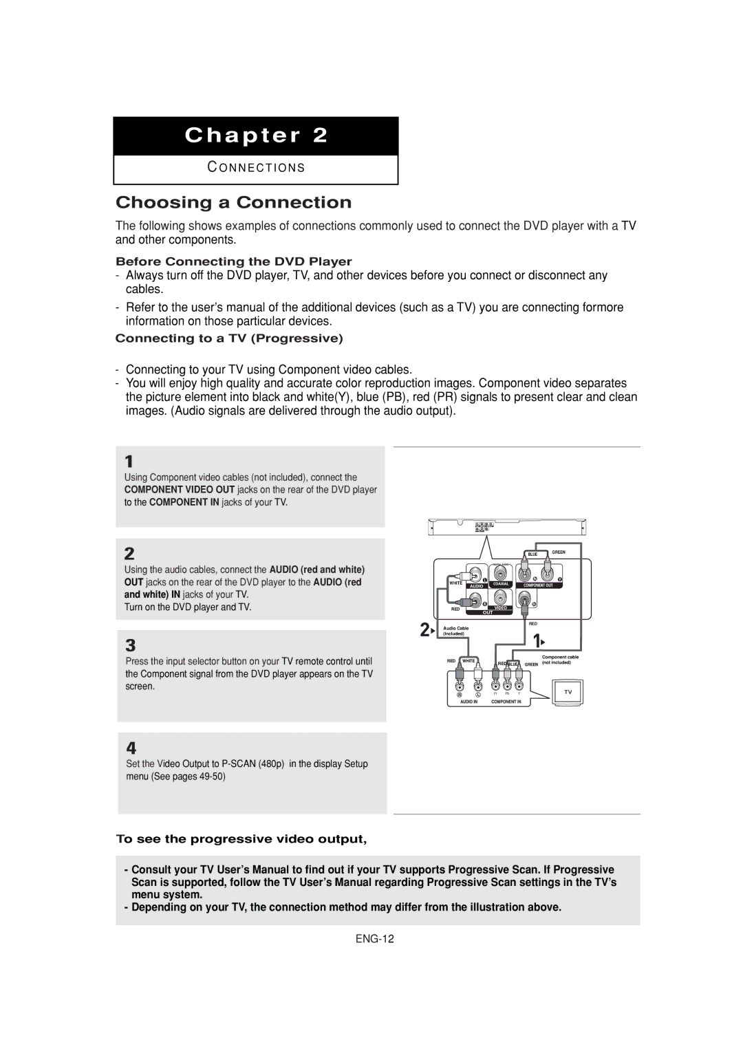 Samsung DVD-P380 manual Choosing a Connection, Before Connecting the DVD Player, Connecting to a TV Progressive, ENG-12 