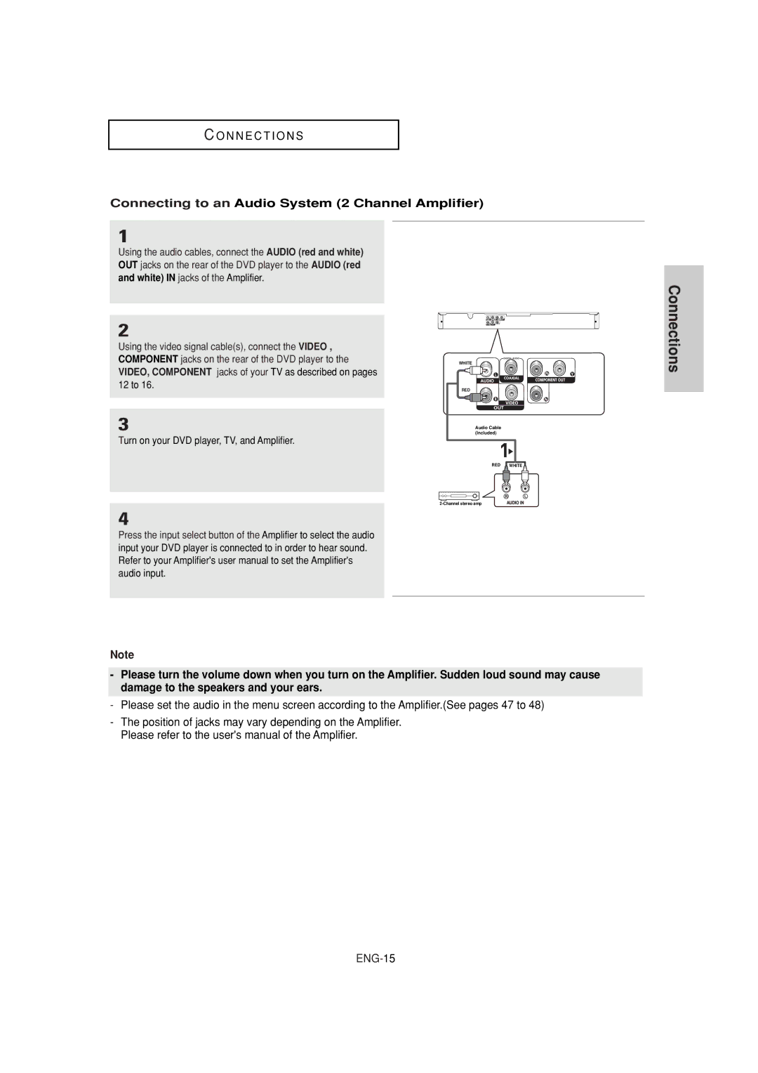 Samsung DVD-P380 manual Connecting to an Audio System 2 Channel Amplifier 