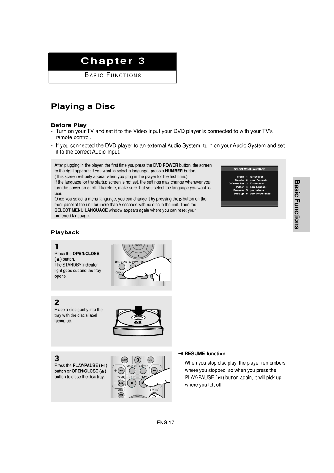 Samsung DVD-P380 manual Playing a Disc, Before Play, Playback, Resume function 