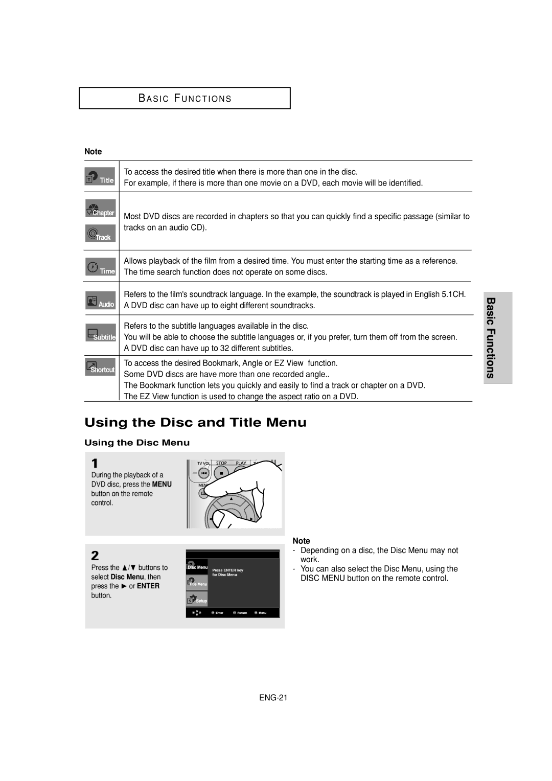 Samsung DVD-P380 manual Using the Disc and Title Menu, Using the Disc Menu 