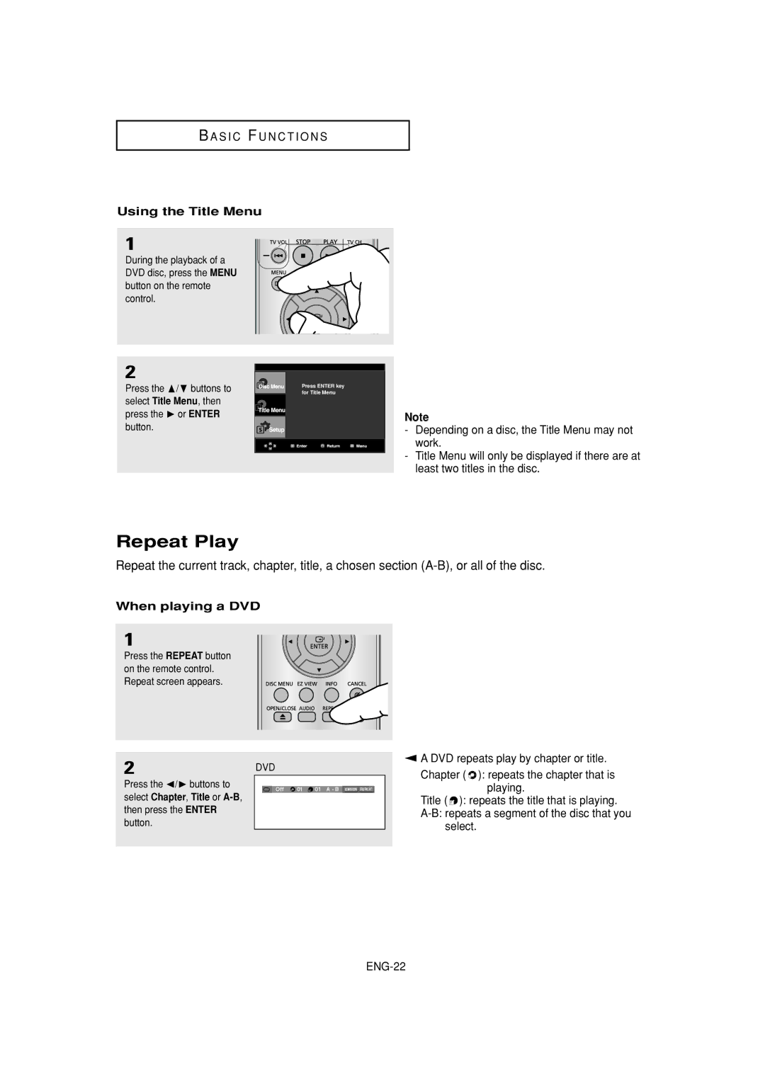 Samsung DVD-P380 manual Repeat Play, Using the Title Menu, When playing a DVD 