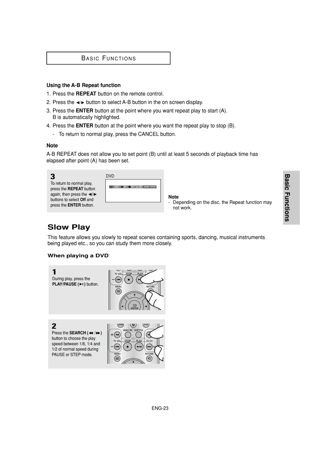 Samsung DVD-P380 Slow Play, Using the A-B Repeat function, Depending on the disc, the Repeat function may not work, ENG-23 