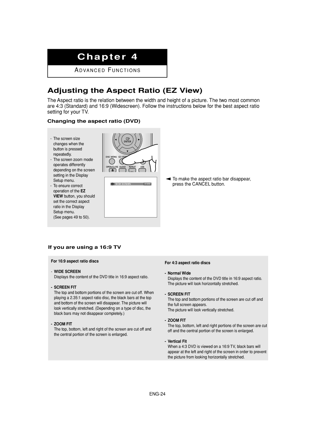 Samsung DVD-P380 Adjusting the Aspect Ratio EZ View, Changing the aspect ratio DVD, If you are using a 169 TV, ENG-24 