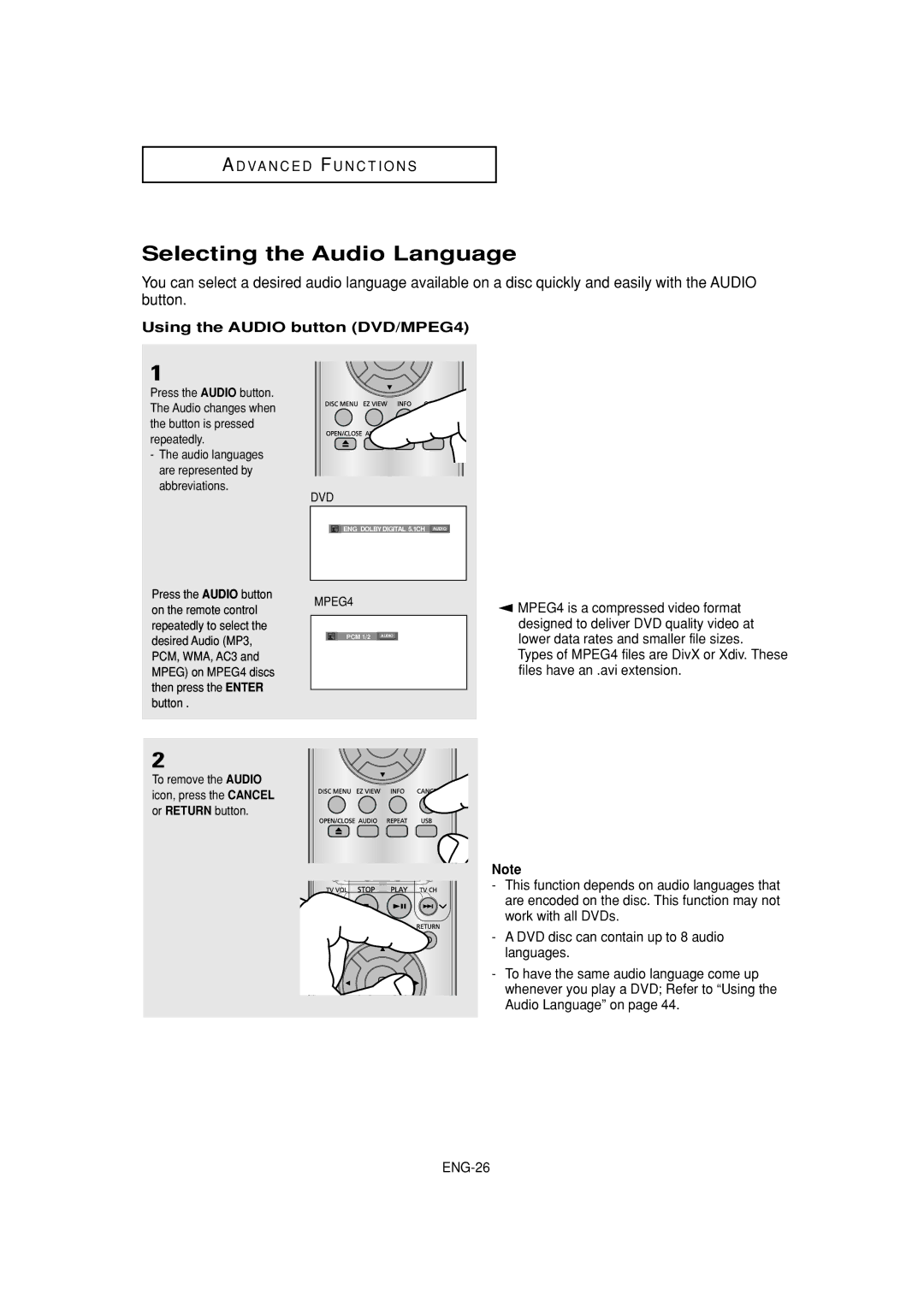 Samsung DVD-P380 manual Selecting the Audio Language, Using the Audio button DVD/MPEG4 