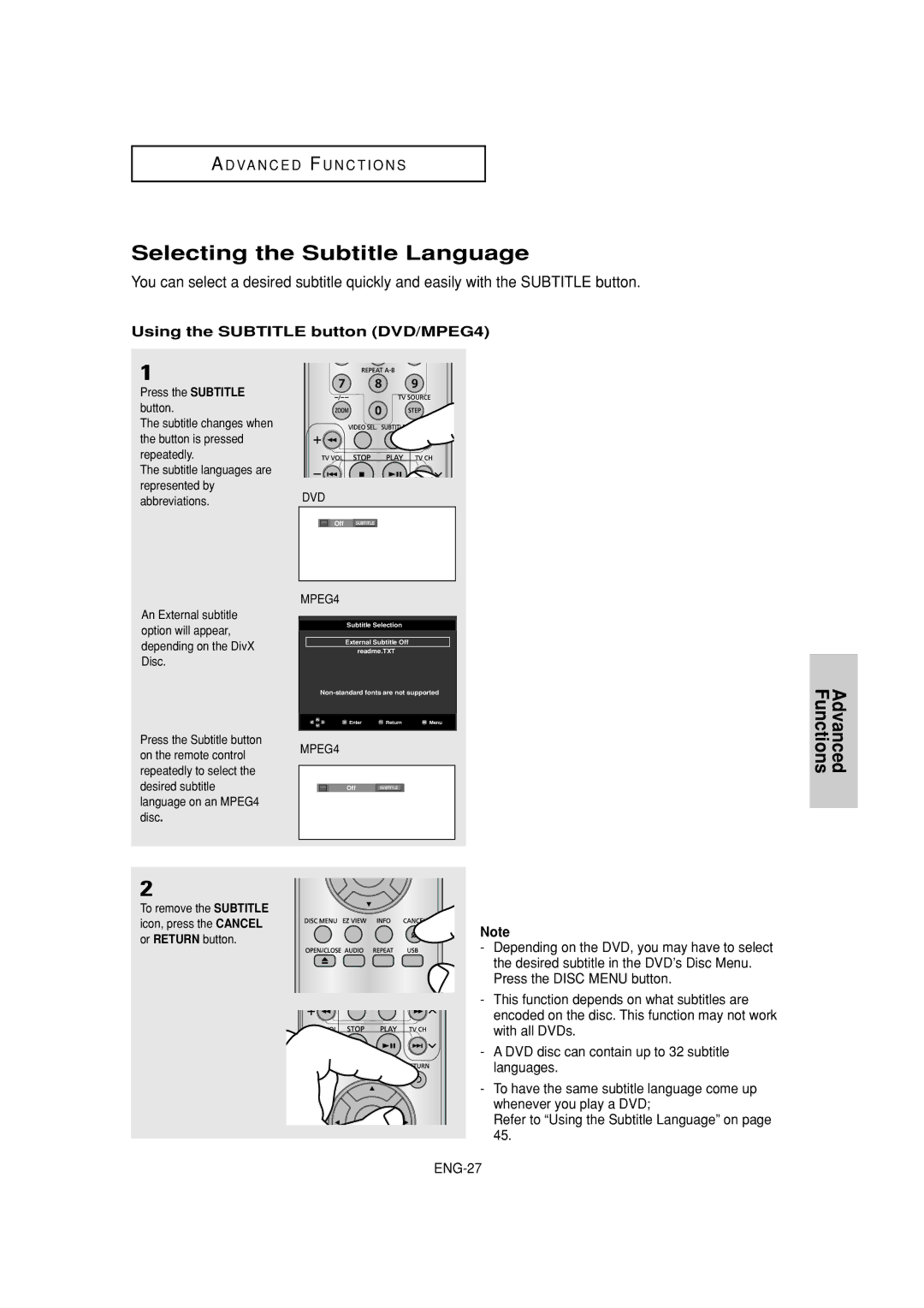 Samsung DVD-P380 manual Selecting the Subtitle Language, Using the Subtitle button DVD/MPEG4 