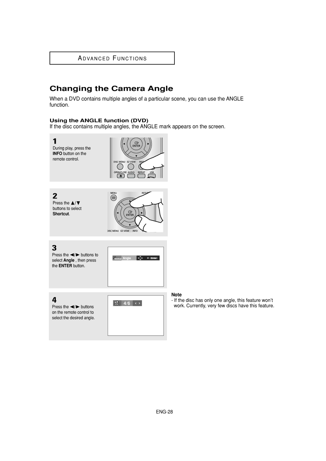 Samsung DVD-P380 manual Changing the Camera Angle, Using the Angle function DVD, ENG-28, Shortcut, Press the / buttons 