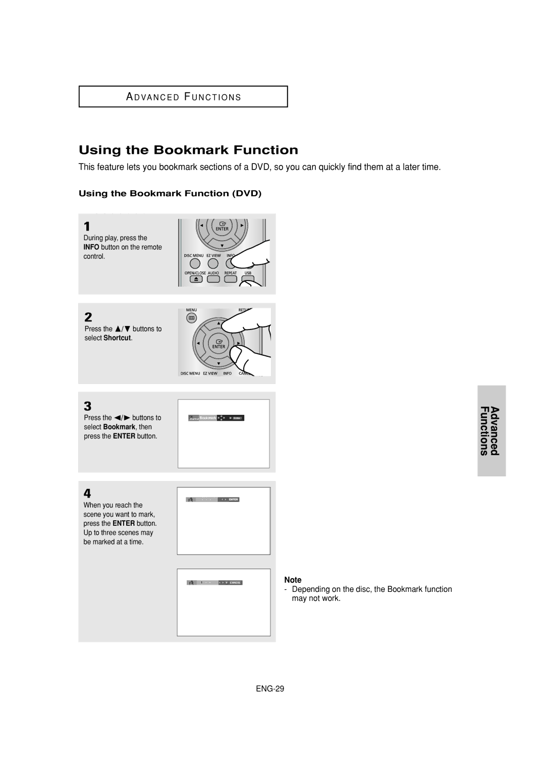 Samsung DVD-P380 manual Depending on the disc, the Bookmark function may not work, ENG-29 