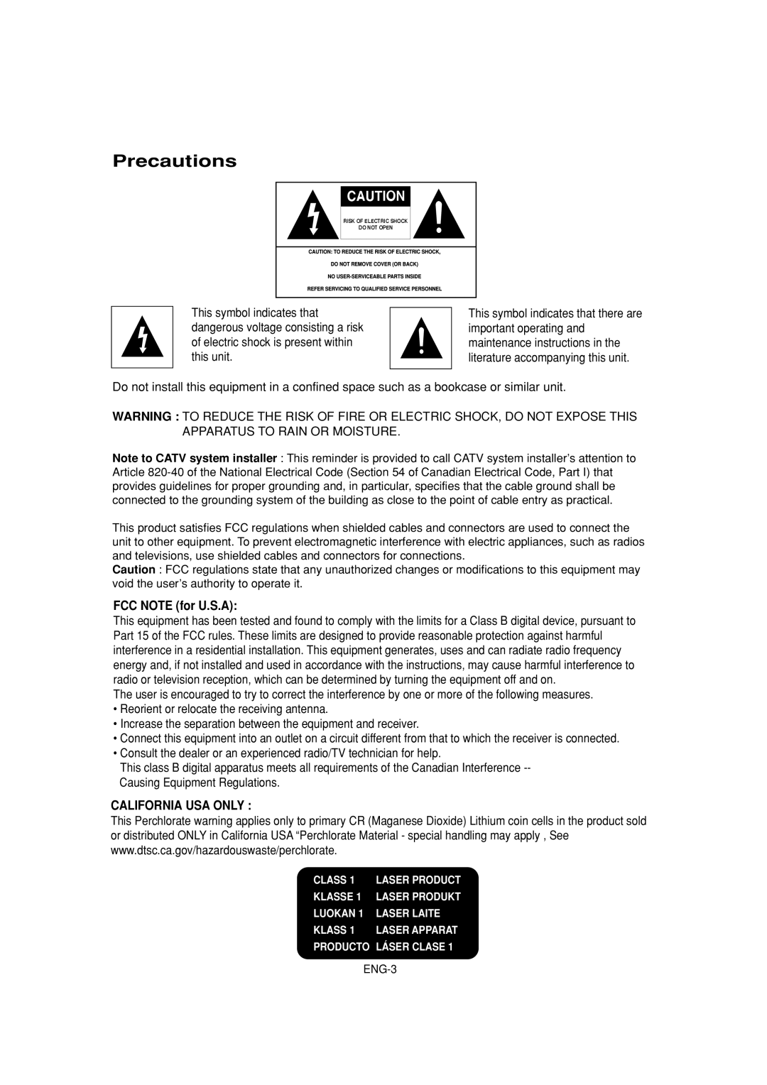 Samsung DVD-P380 manual Precautions, FCC Note for U.S.A 