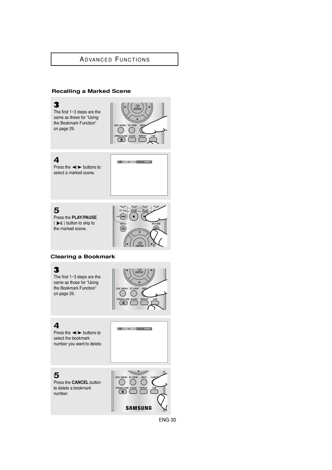 Samsung DVD-P380 manual Recalling a Marked Scene, Clearing a Bookmark, ENG-30 