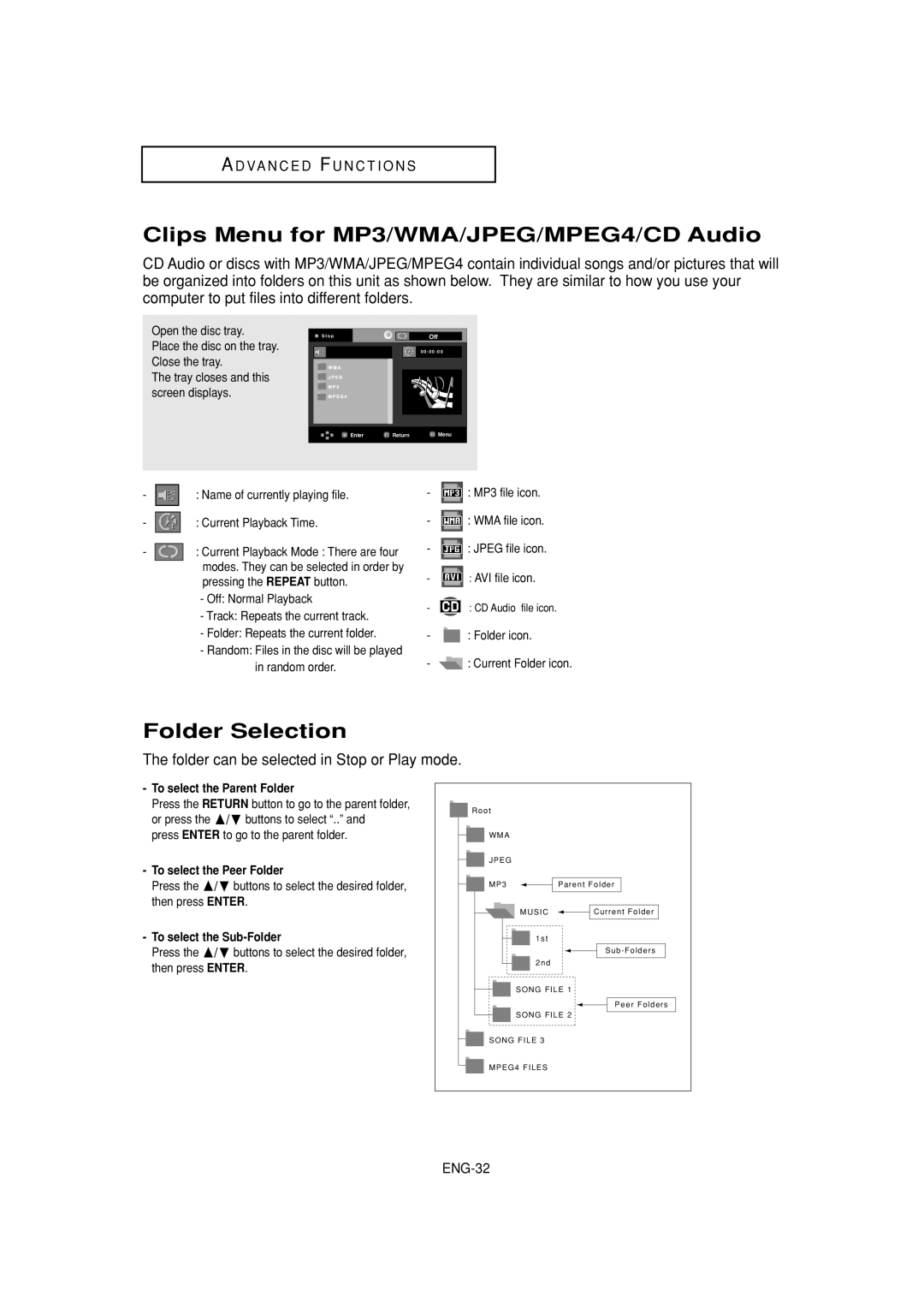 Samsung DVD-P380 manual Clips Menu for MP3/WMA/JPEG/MPEG4/CD Audio, Folder Selection, ENG-32 