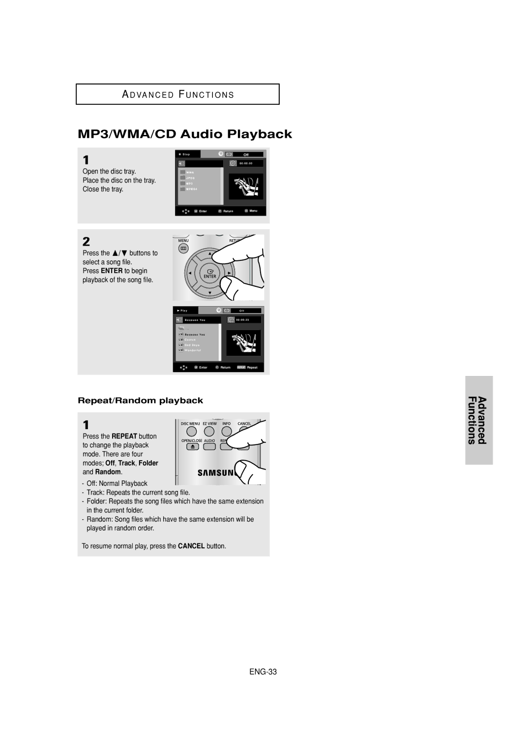 Samsung DVD-P380 MP3/WMA/CD Audio Playback, Repeat/Random playback, ENG-33, Press the / buttons to select a song file 