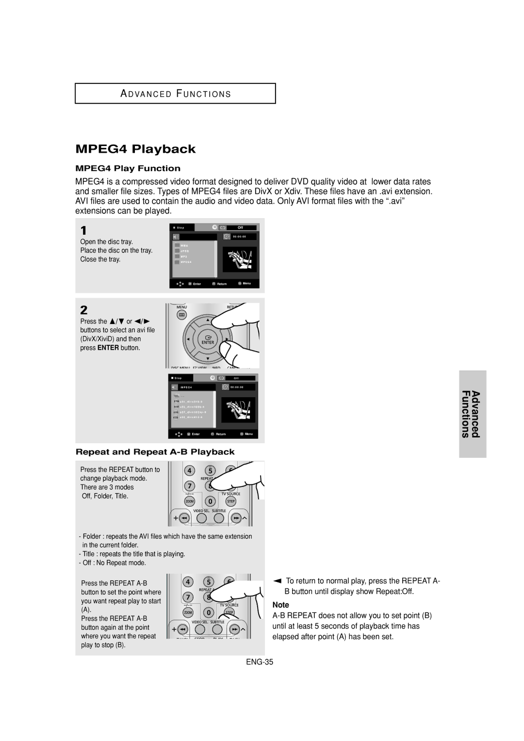 Samsung DVD-P380 manual MPEG4 Playback, MPEG4 Play Function, Repeat and Repeat A-B Playback 