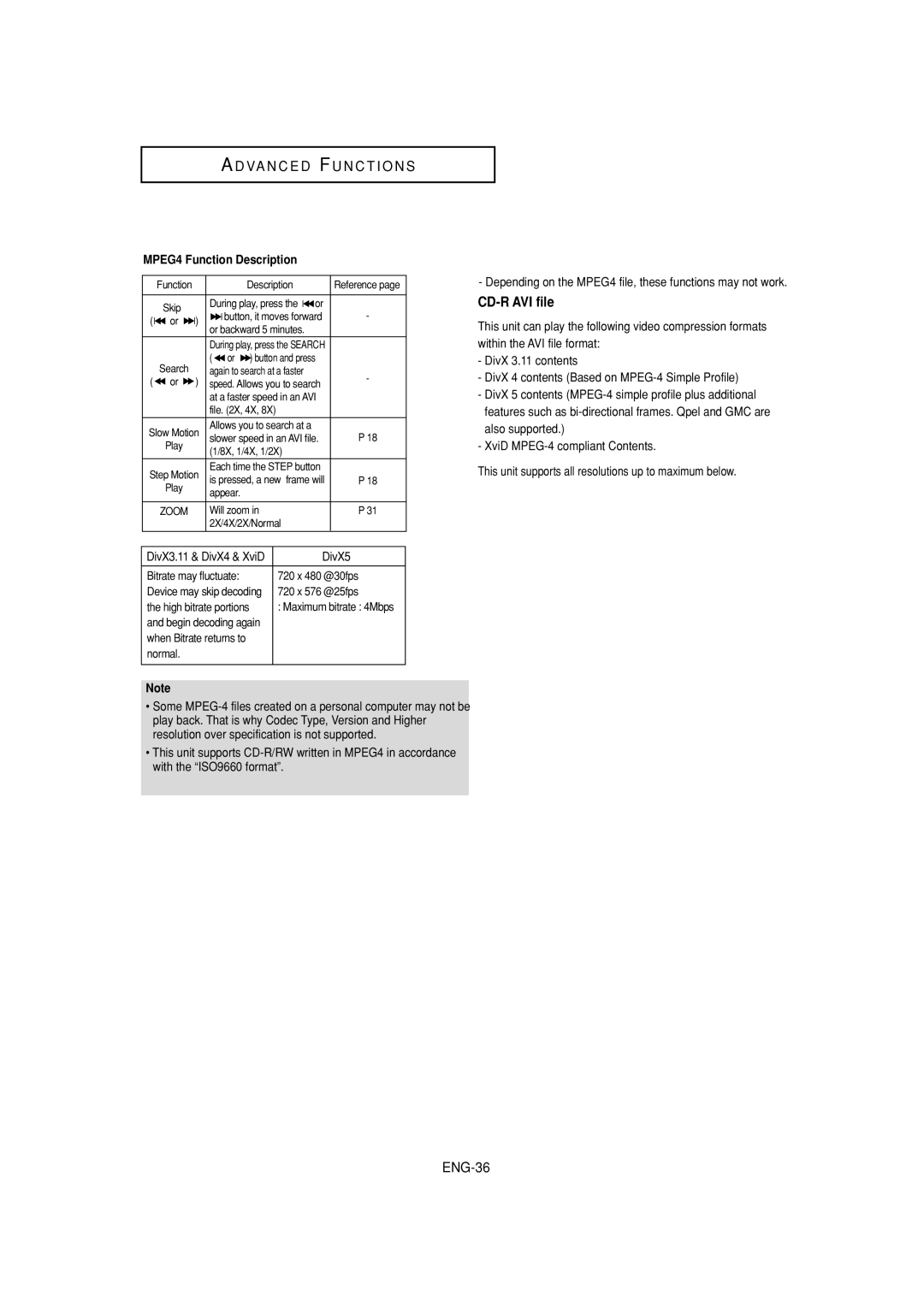 Samsung DVD-P380 manual CD-R AVI file, ENG-36, MPEG4 Function Description, DivX5 