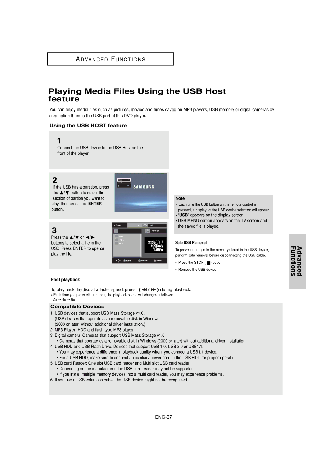 Samsung DVD-P380 manual Playing Media Files Using the USB Host feature, ENG-37, Fast playback, Compatible Devices 