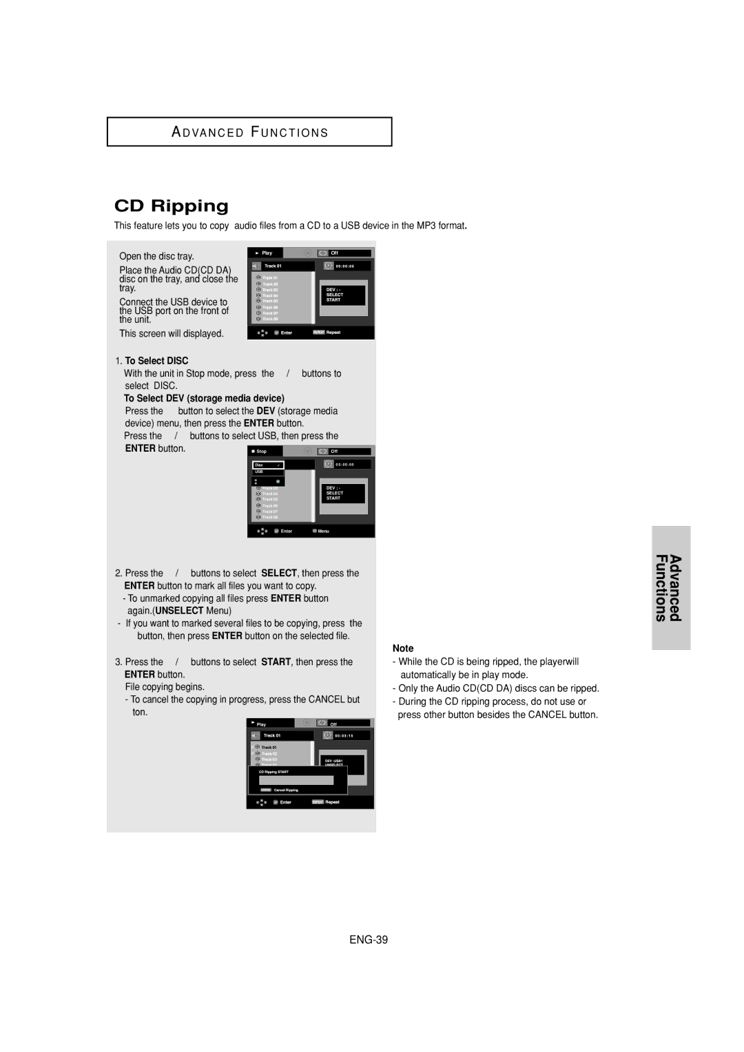 Samsung DVD-P380 manual CD Ripping, ENG-39, To Select Disc, To Select DEV storage media device 