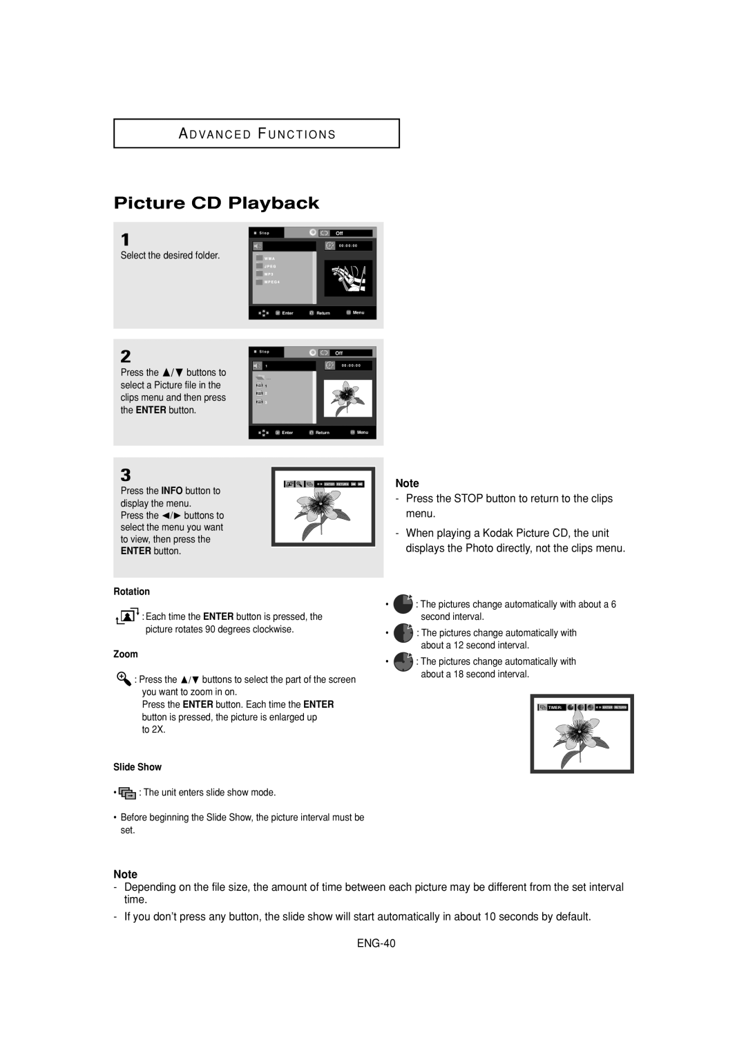 Samsung DVD-P380 manual Picture CD Playback, Press the Stop button to return to the clips menu, Rotation, Zoom, Slide Show 