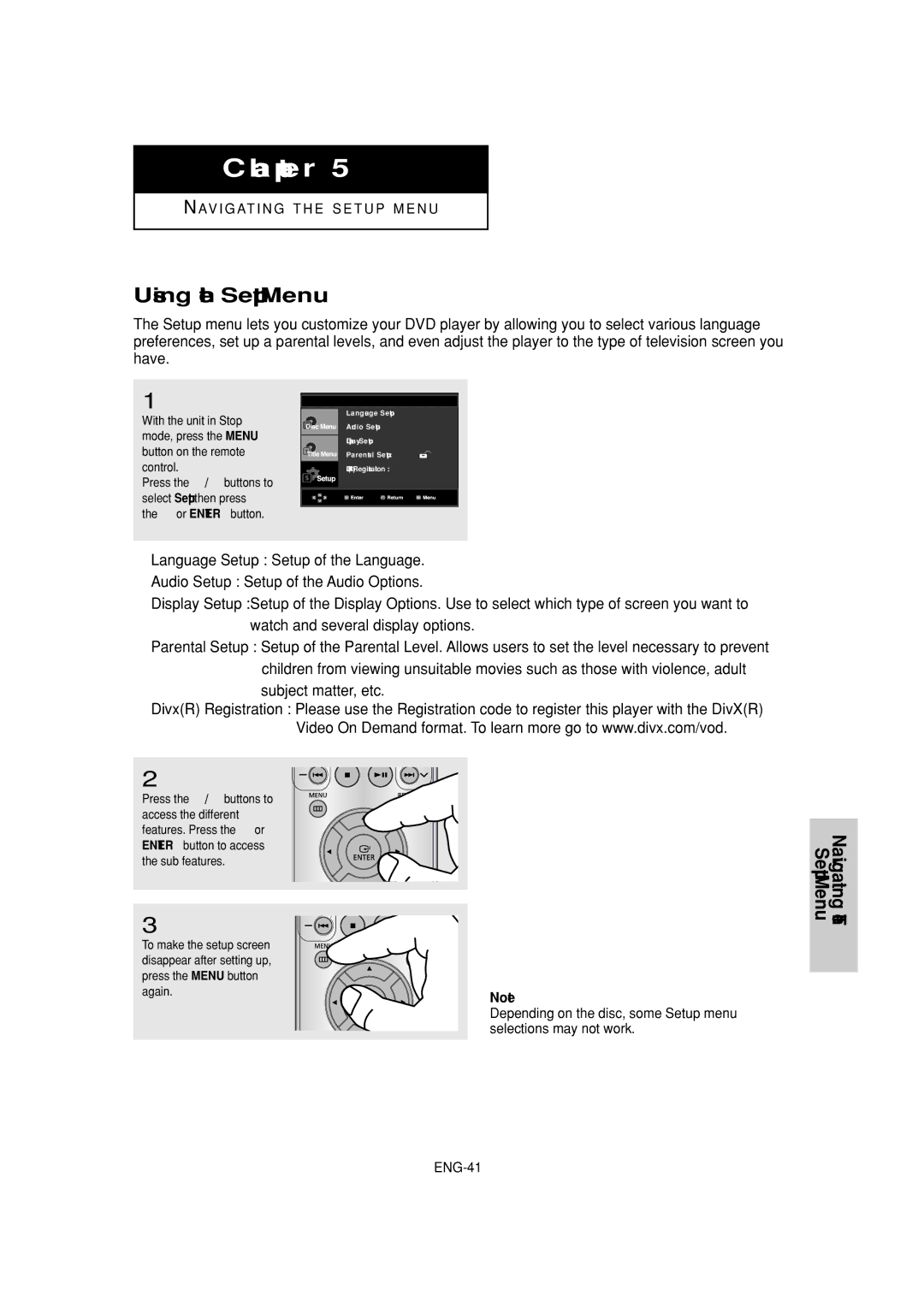 Samsung DVD-P380 manual Using the Setup Menu, ENG-41 