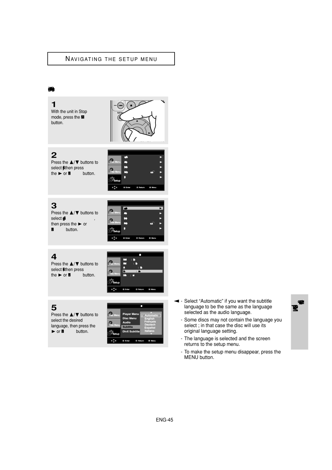 Samsung DVD-P380 manual Navigating The Setup Menu, Using the Subtitle Language 