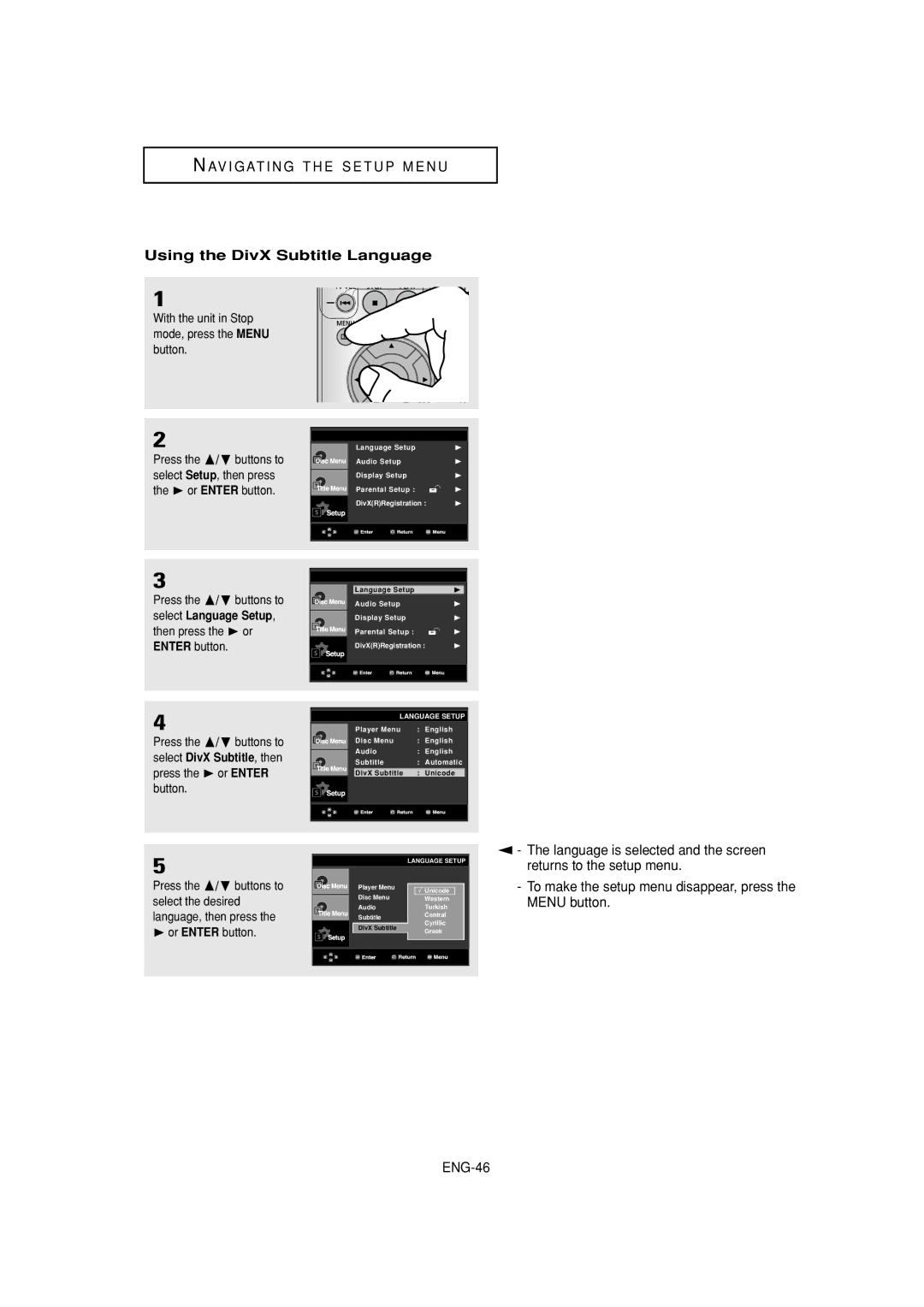 Samsung DVD-P380 manual Using the DivX Subtitle Language 