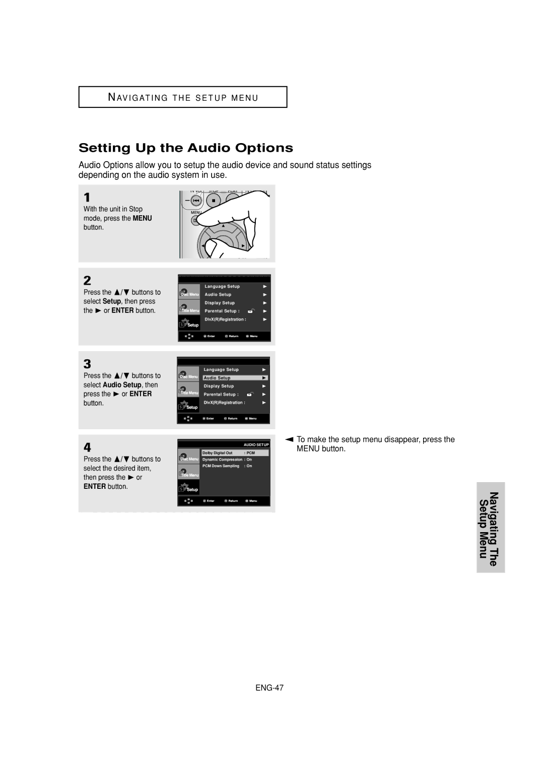 Samsung DVD-P380 manual Setting Up the Audio Options, ENG-47 