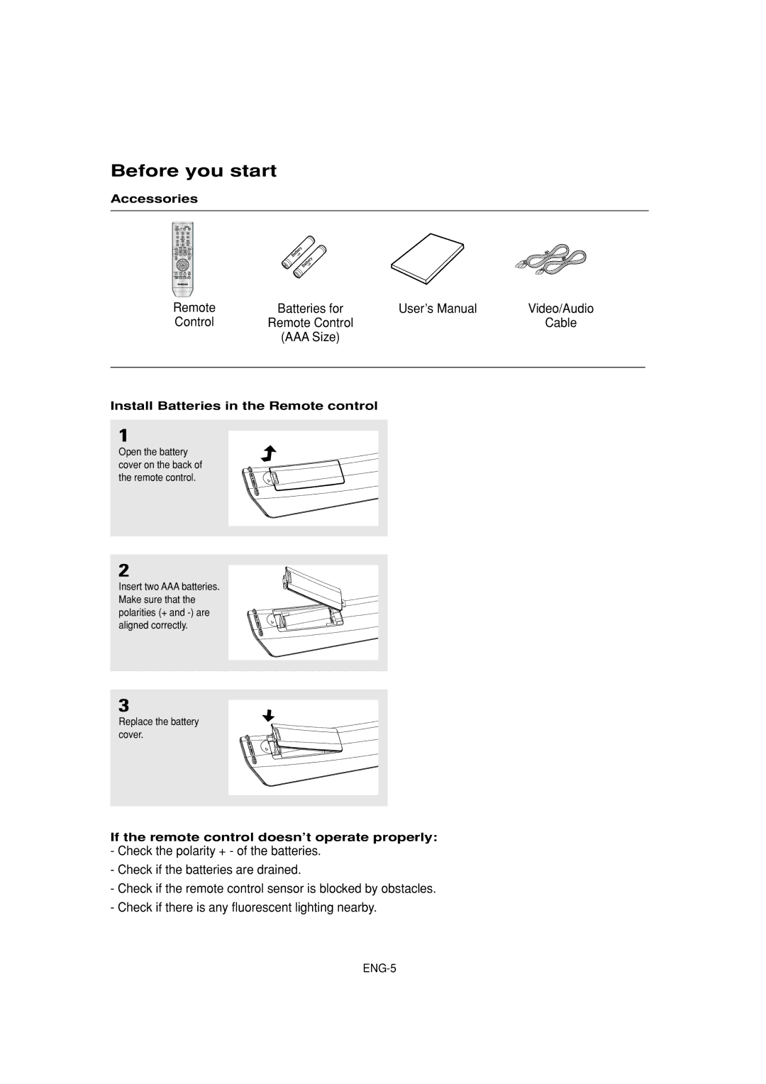 Samsung DVD-P380 manual Before you start, Accessories, Install Batteries in the Remote control 