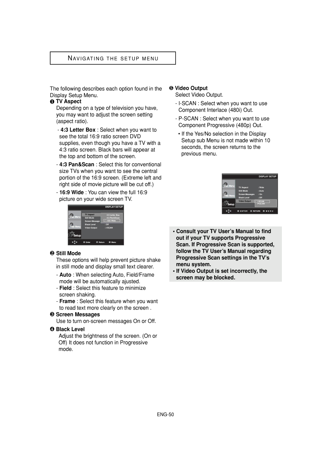 Samsung DVD-P380 manual ❶ TV Aspect, ❷ Still Mode, ❸ Screen Messages, ❹ Black Level, ❺ Video Output Select Video Output 