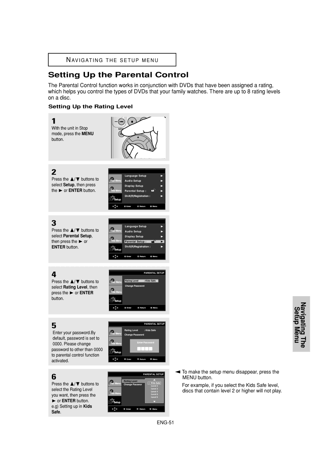 Samsung DVD-P380 manual Setting Up the Parental Control, Setting Up the Rating Level, ENG-51 