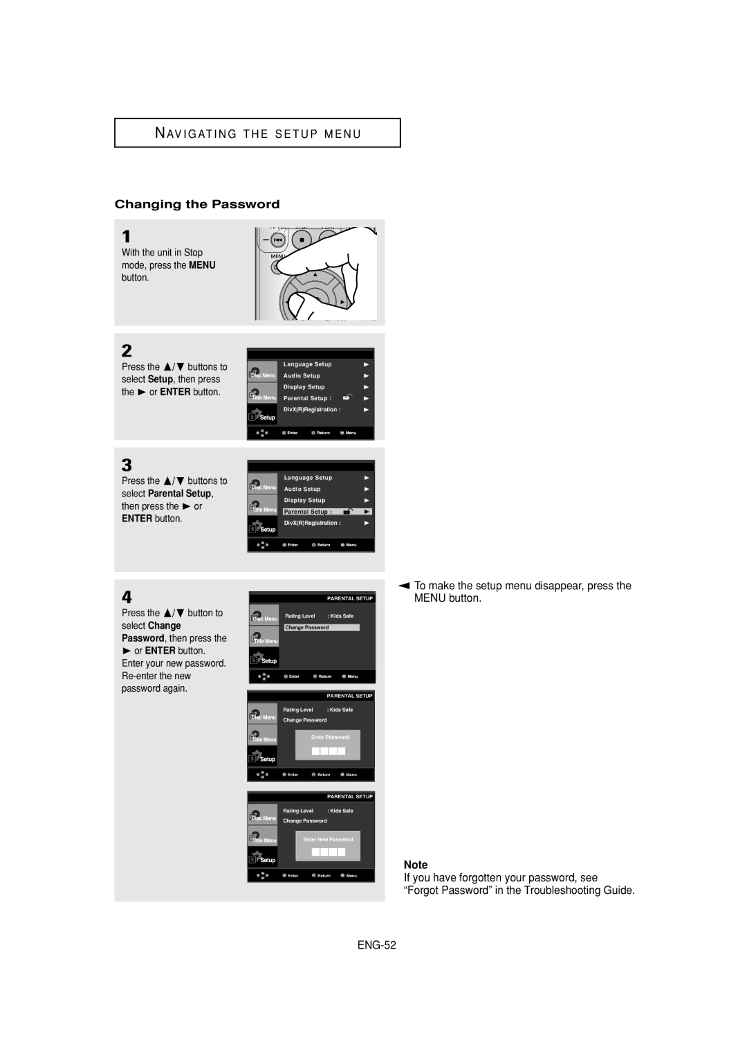 Samsung DVD-P380 manual Changing the Password, ENG-52, Select Setup, then press  or Enter button 