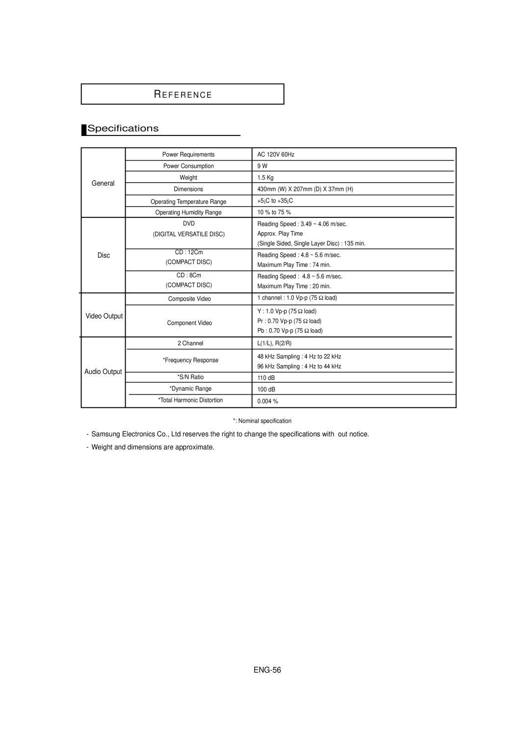 Samsung DVD-P380 manual Specifications, ENG-56, Weight and dimensions are approximate 