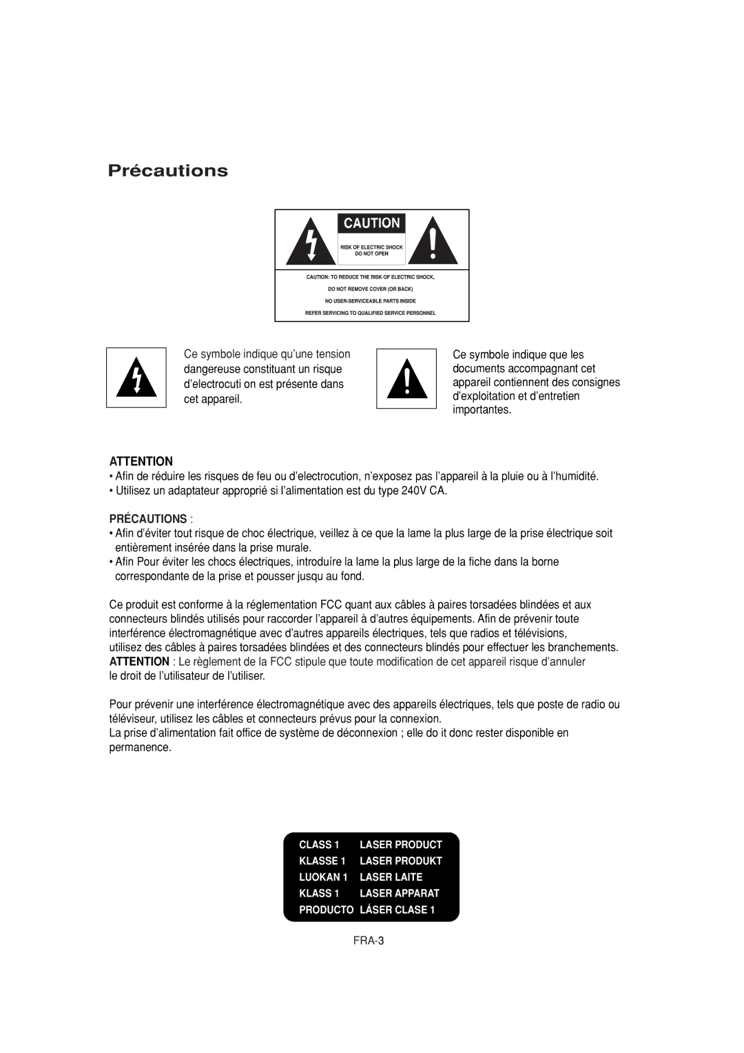 Samsung DVD-P380 manual Précautions 