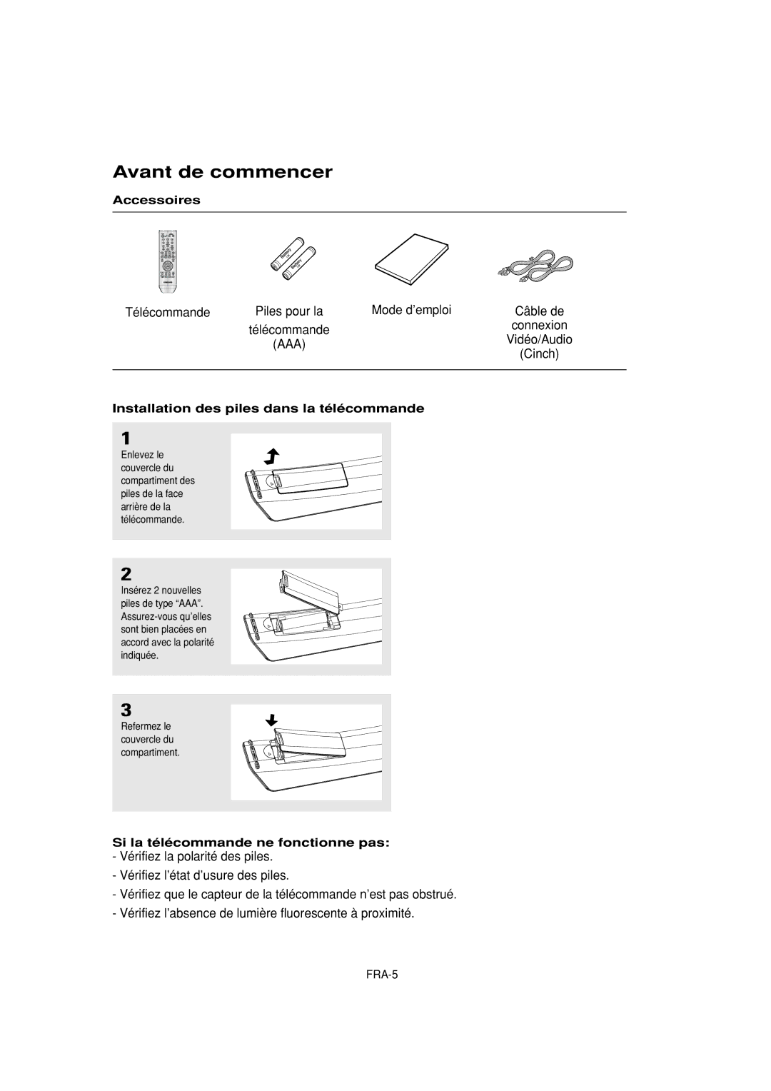 Samsung DVD-P380 manual Avant de commencer, Accessoires, Installation des piles dans la télécommande 