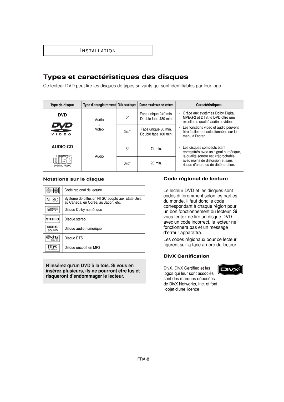 Samsung DVD-P380 Types et caractéristiques des disques, Notations sur le disque, Code régional de lecture, Type de disque 