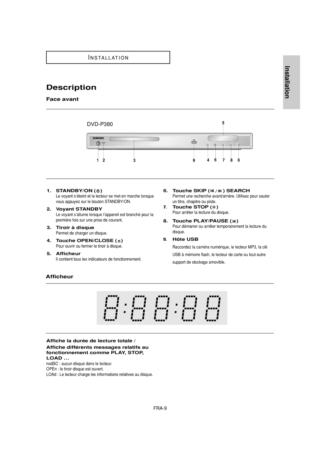 Samsung DVD-P380 manual Face avant, Afficheur 