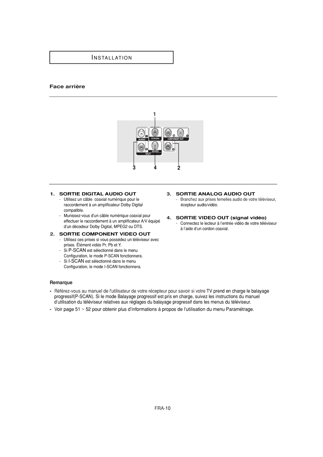 Samsung DVD-P380 manual Face arrière, Remarque, Sortie Video OUT signal vidéo 