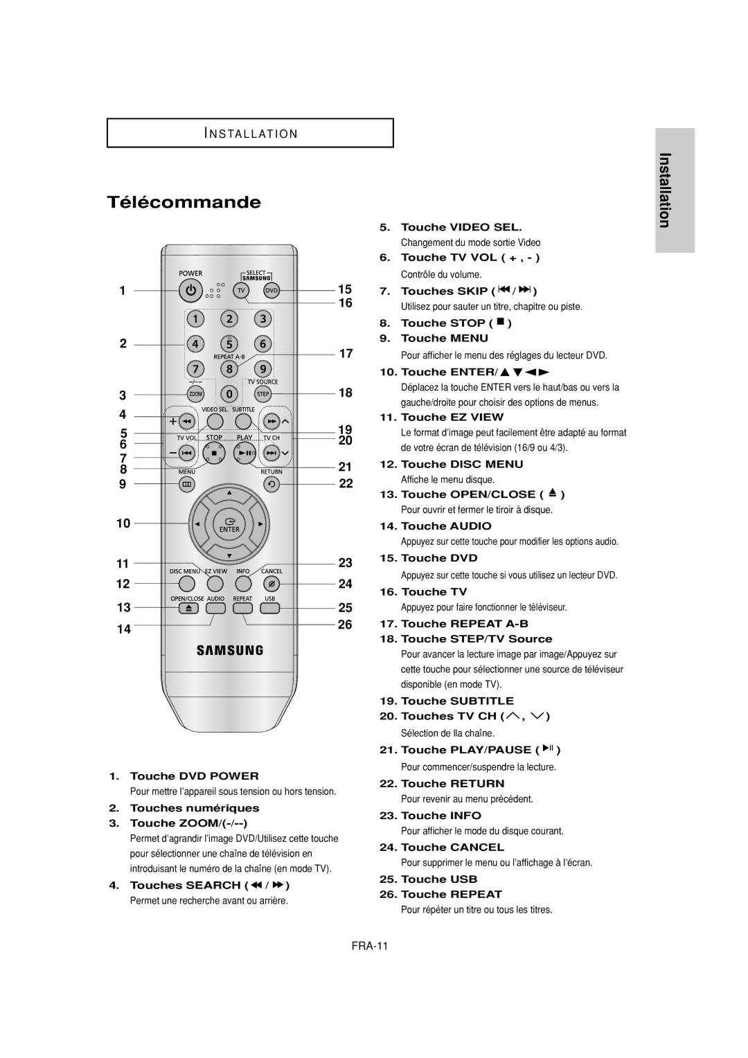 Samsung DVD-P380 manual Télécommande, FRA-11 