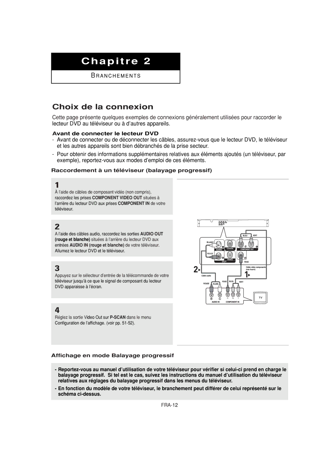 Samsung DVD-P380 manual Choix de la connexion, Avant de connecter le lecteur DVD, FRA-12 